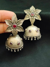 Silver Oxidized Flower Jhumka Earrings for Navratri Festivities | Sarichka