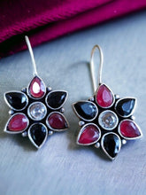 Oxidised Floral Hook Earrings with Multi-Color Stones | Sarichka