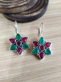 Oxidised Floral Hook Earrings with Multi-Color Stones | Sarichka