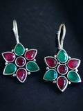 Oxidised Floral Hook Earrings with Multi-Color Stones | Sarichka