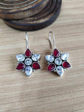 Oxidised Floral Hook Earrings with Multi-Color Stones | Sarichka