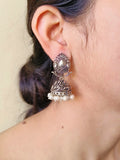 Elegant German Silver Pearl Jhumka Earrings with Intricate Floral Design | Sarichka