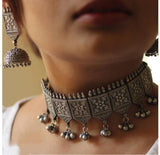 Antique Silver Look Alike Choker Set with Jhumkas | Sarichka Fashion