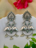 Antique Silver-Plated Peacock Dangler Earrings with Intricate Design | Sarichka