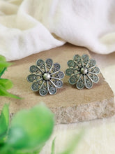 Elegant Silver Oxidised Floral Stud Earrings | Sarichka