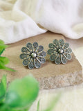 Elegant Silver Oxidised Floral Stud Earrings | Sarichka
