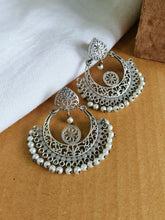 Elegant Silver Oxidised Pearl Chand Bali Earrings | Sarichka