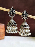German Silver Green Stone Oxidized Jhumkas | Sarichka