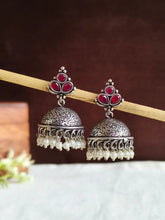 Red-Green Stone Pearl Oxidised Jhumka | Sarichka