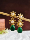 Golden Floral Pearl Drop Danglers Earring | Sarichka