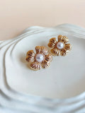 Anti Tarnish Golden Pearl Floral Stud Earrings | Sarichka