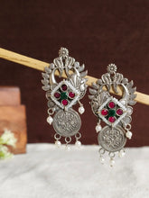 Silver oxidized Peacock Coin motifs Earrings | Sarichka
