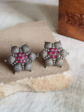 Oxidized silver-plated flower stud earrings