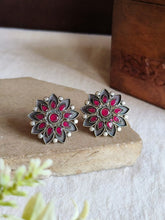 Oxidised silver Stone Floral Stud Earrings | Sarichka
