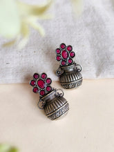 Oxidized Silver Pot Stud Earrings with Stones | Sarichka