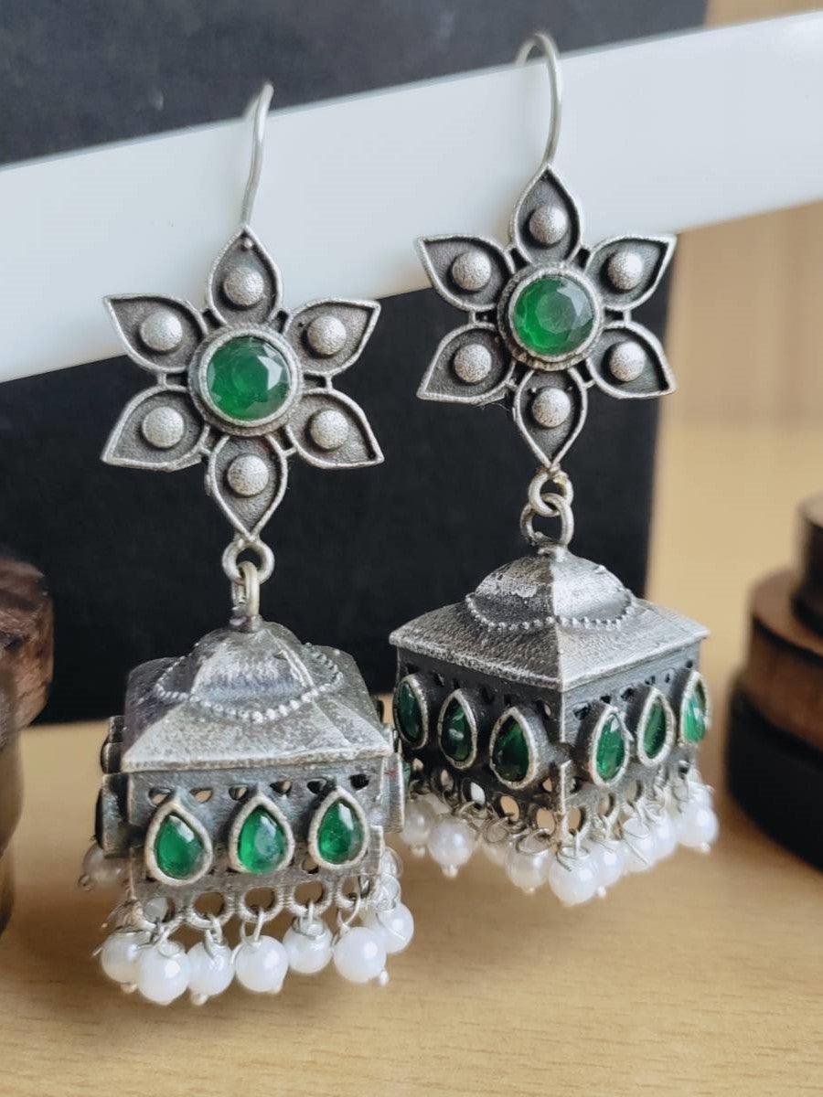 Silver Flower Hook Earrings with Jhumka, Pearls, and Stones | Sarichka