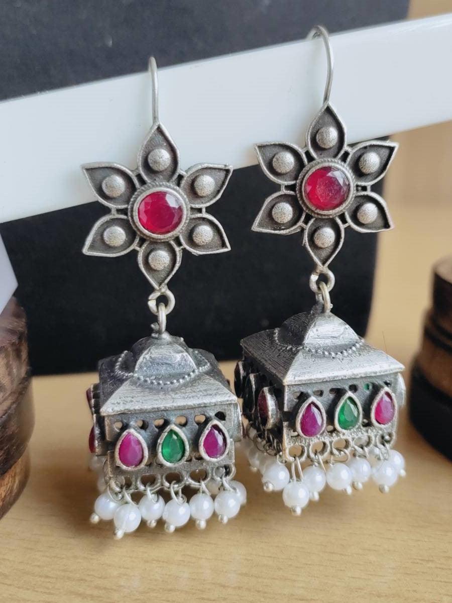 Silver Flower Hook Earrings with Jhumka, Pearls, and Stones | Sarichka