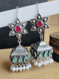 Silver Flower Hook Earrings with Jhumka, Pearls, and Stones | Sarichka