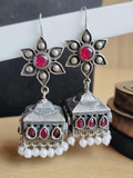 Silver Flower Hook Earrings with Jhumka, Pearls, and Stones | Sarichka