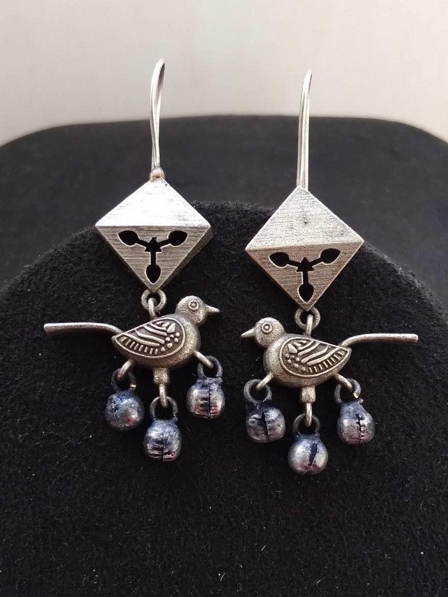 Silver Oxidised Bird Hook Earrings with Metal Ghungroos | Sarichka