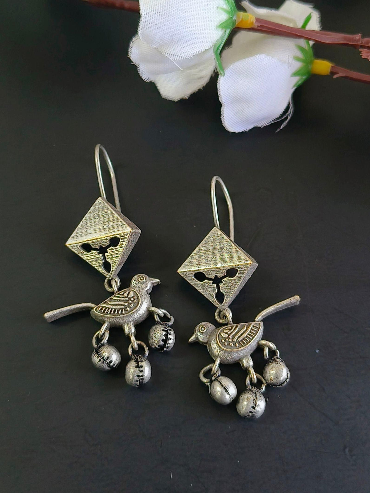 Silver Oxidised Bird Hook Earrings with Metal Ghungroos | Sarichka