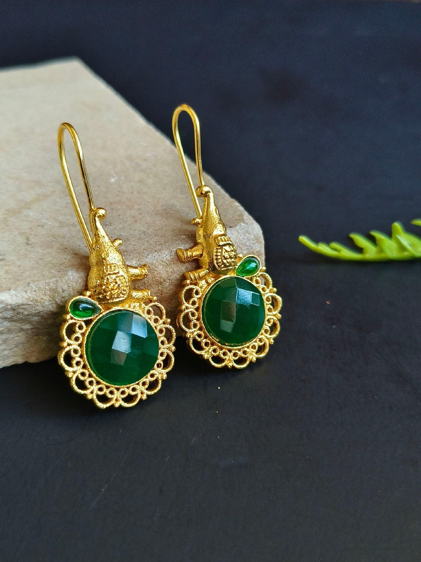 Gold-Plated Hook Earrings with Monalisa Stones & Hanging Elephant | Sarichka