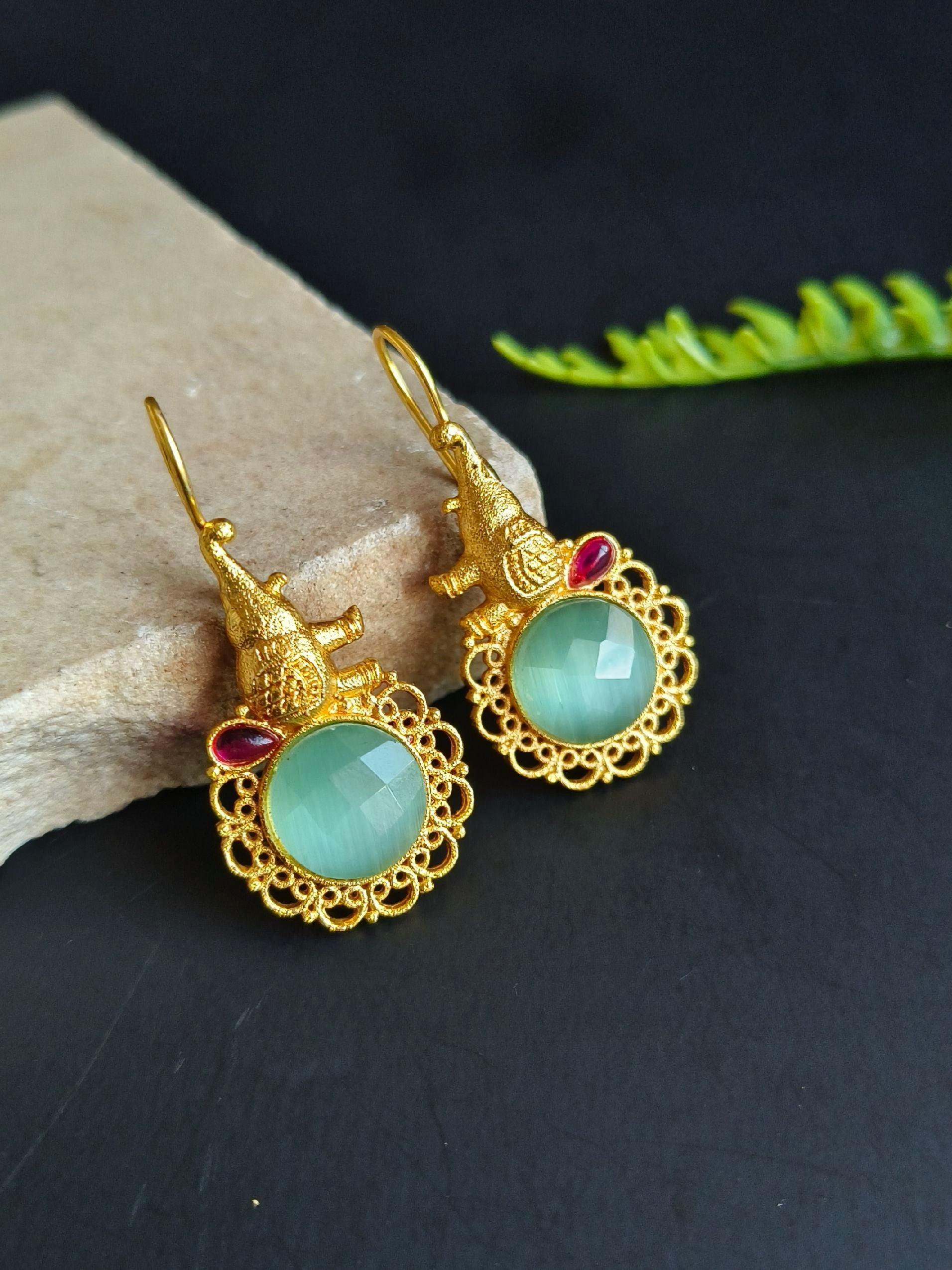 Gold-Plated Hook Earrings with Monalisa Stones & Hanging Elephant | Sarichka