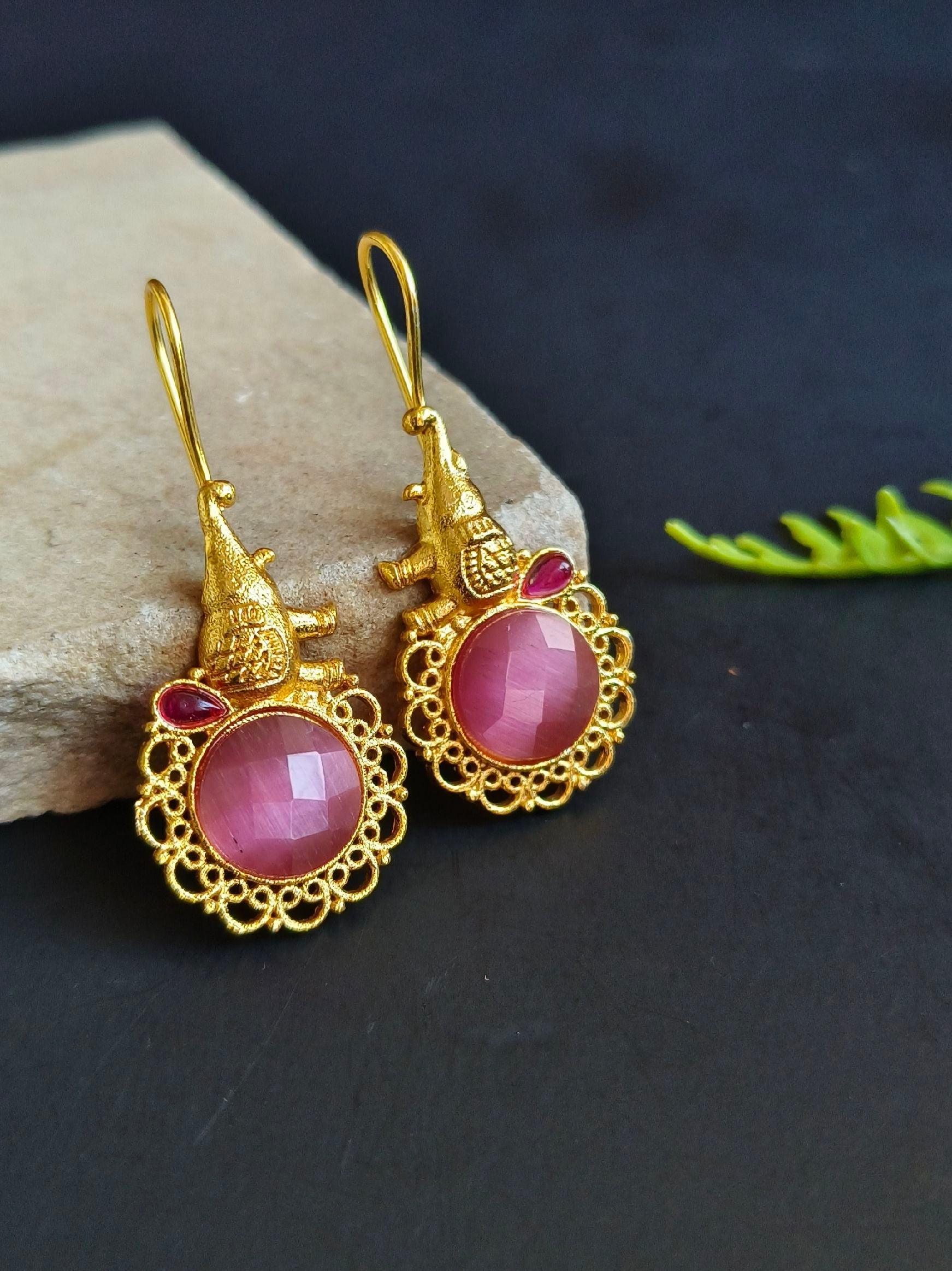 Gold-Plated Hook Earrings with Monalisa Stones & Hanging Elephant | Sarichka