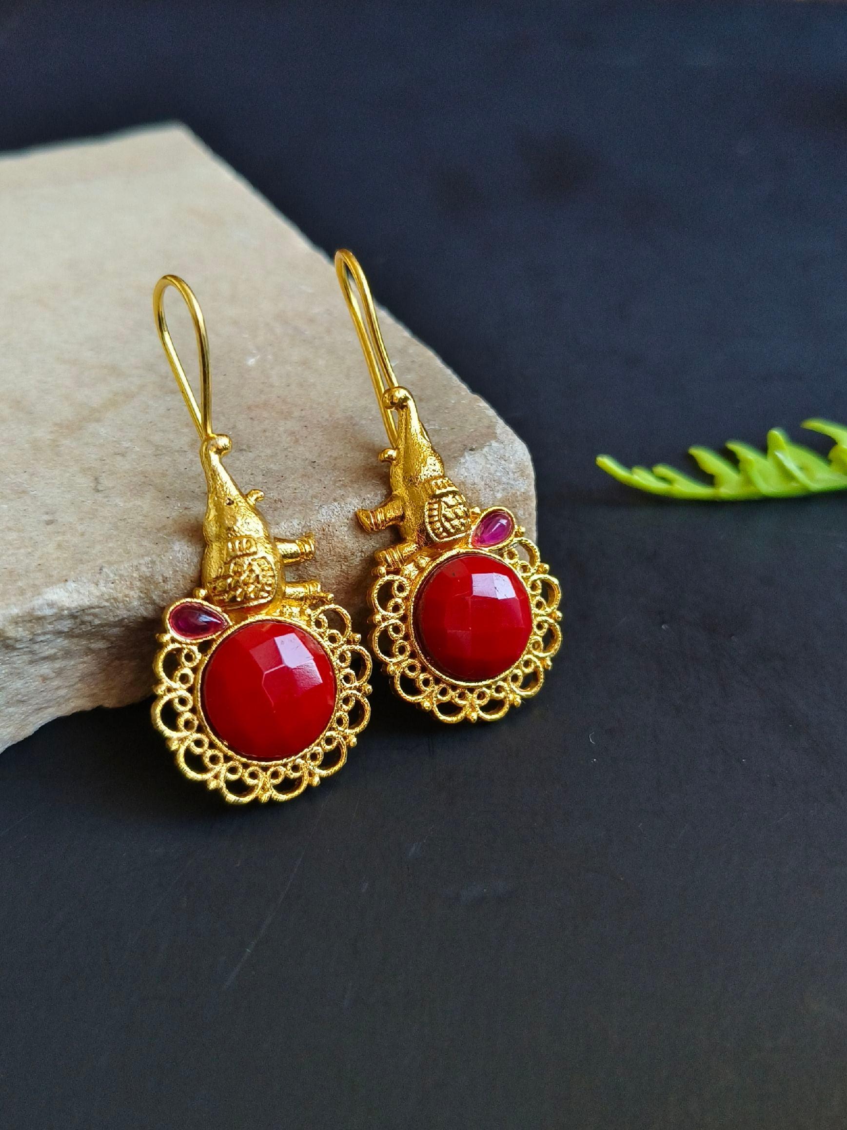 Gold-Plated Hook Earrings with Monalisa Stones & Hanging Elephant | Sarichka