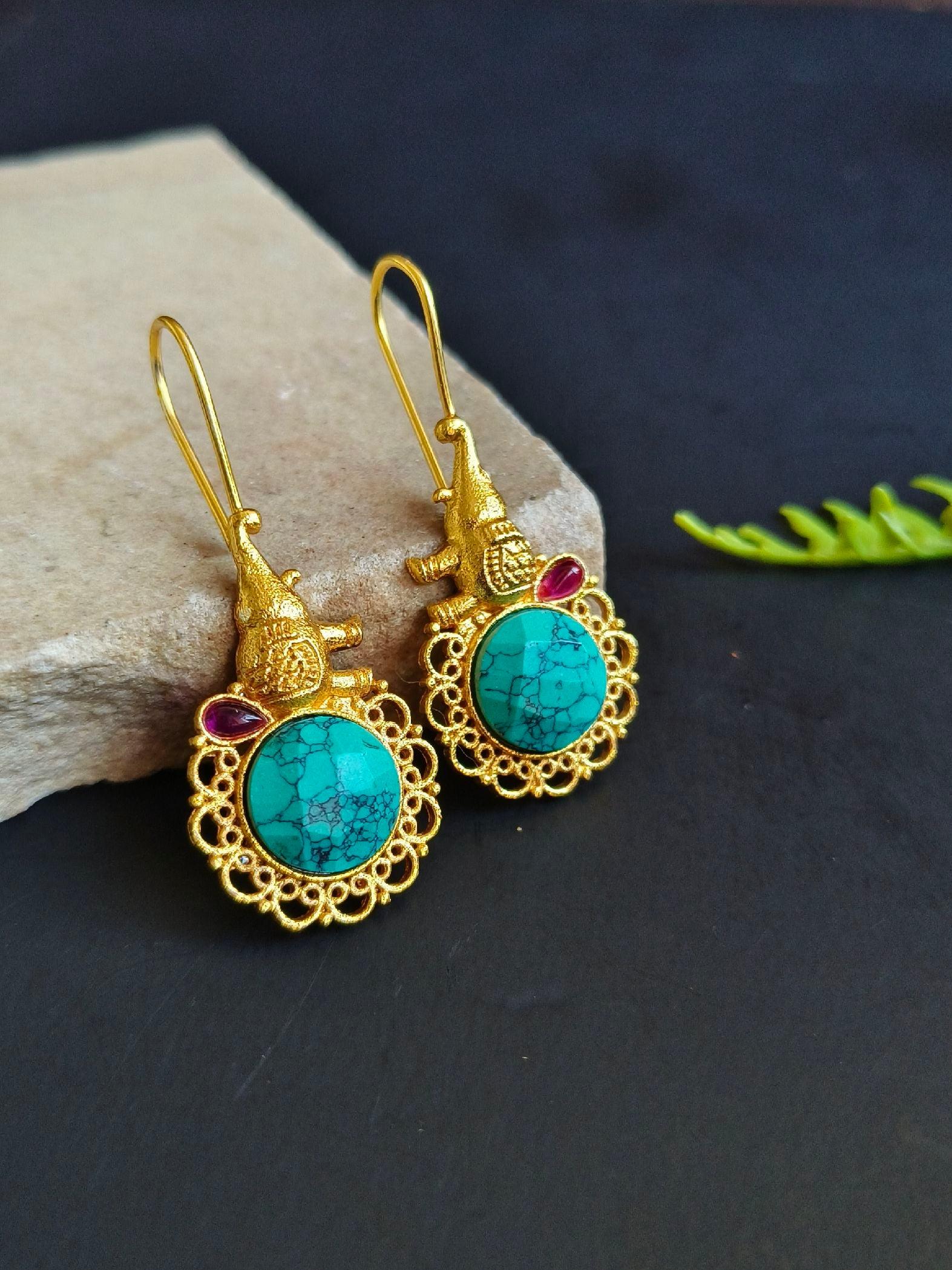 Gold-Plated Hook Earrings with Monalisa Stones & Hanging Elephant | Sarichka