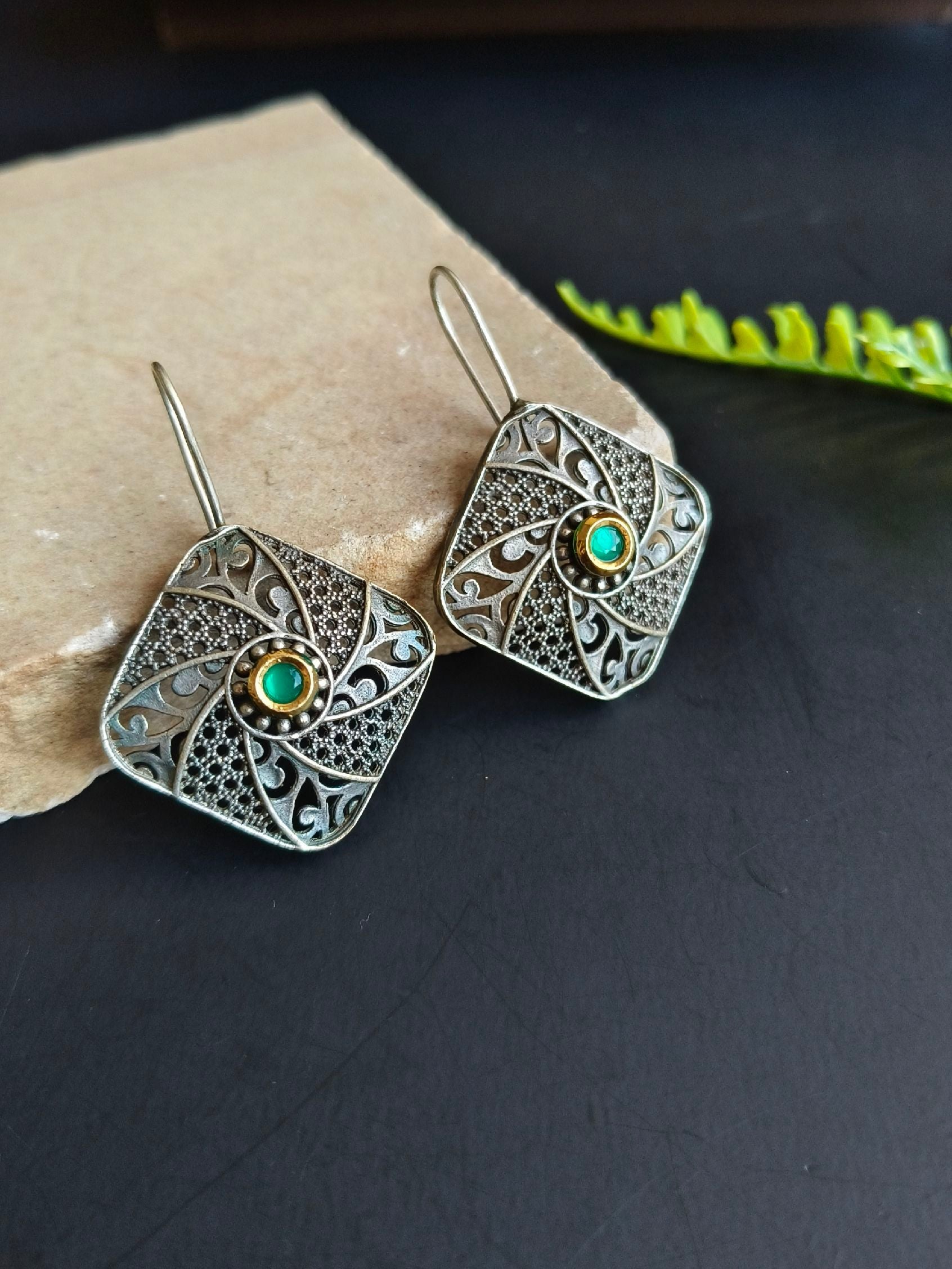 Square Oxidised Hook Earrings with Kundan Sparkle for Everyday Elegance | Sarichka