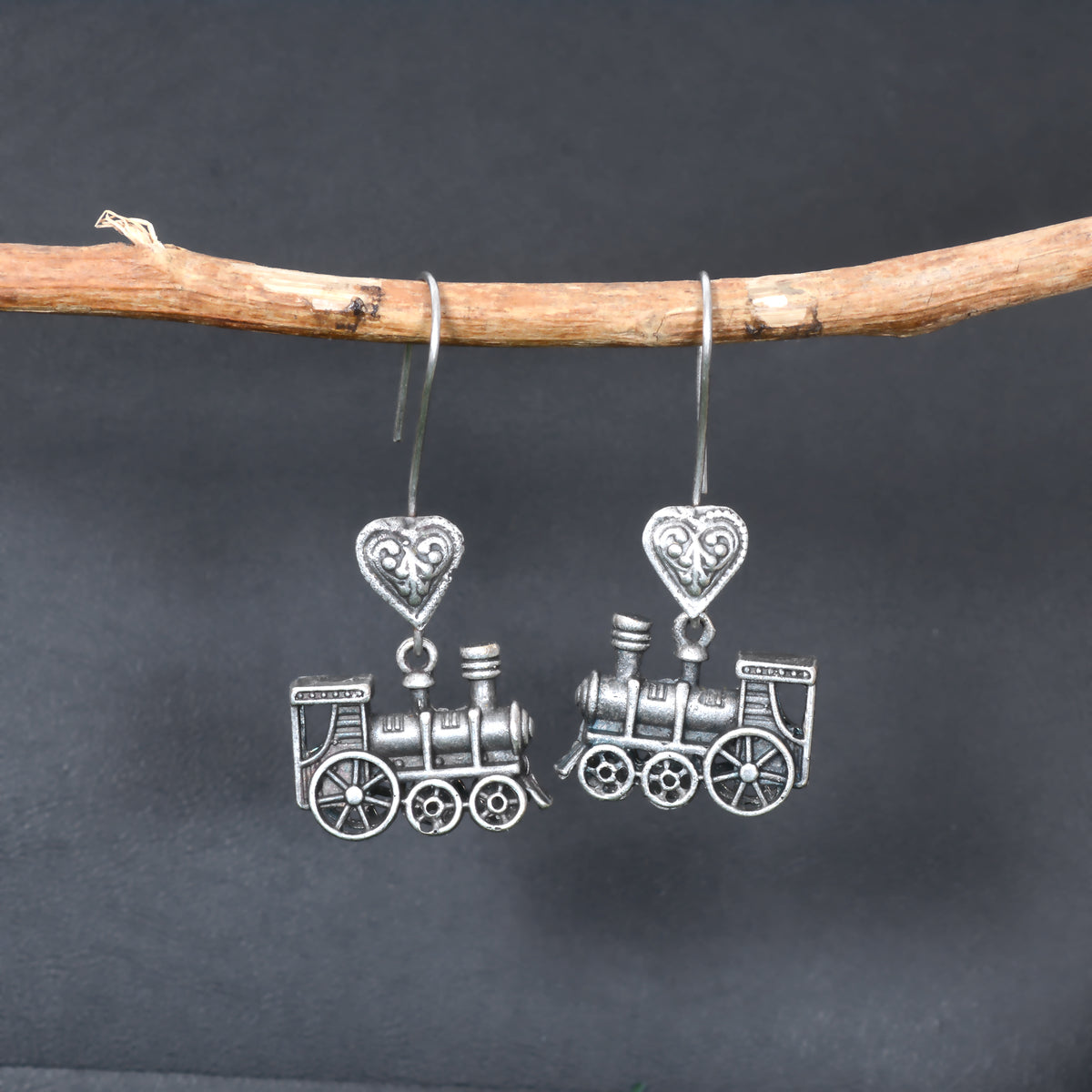 Oxidized Silver Plated Train Style Hook Earrings - Sarichka Fashion