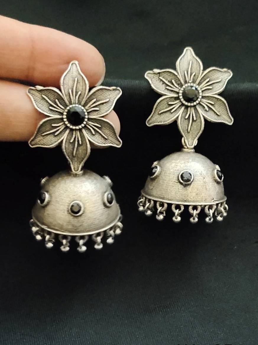 Silver Oxidized Flower Jhumka Earrings for Navratri Festivities | Sarichka