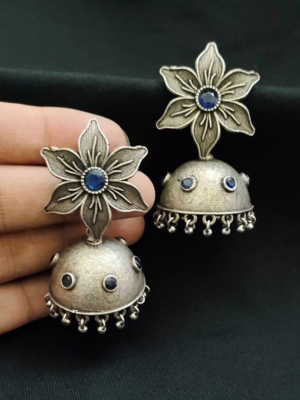 Silver Oxidized Flower Jhumka Earrings for Navratri Festivities | Sarichka