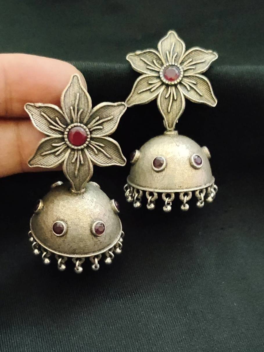 Silver Oxidized Flower Jhumka Earrings for Navratri Festivities | Sarichka