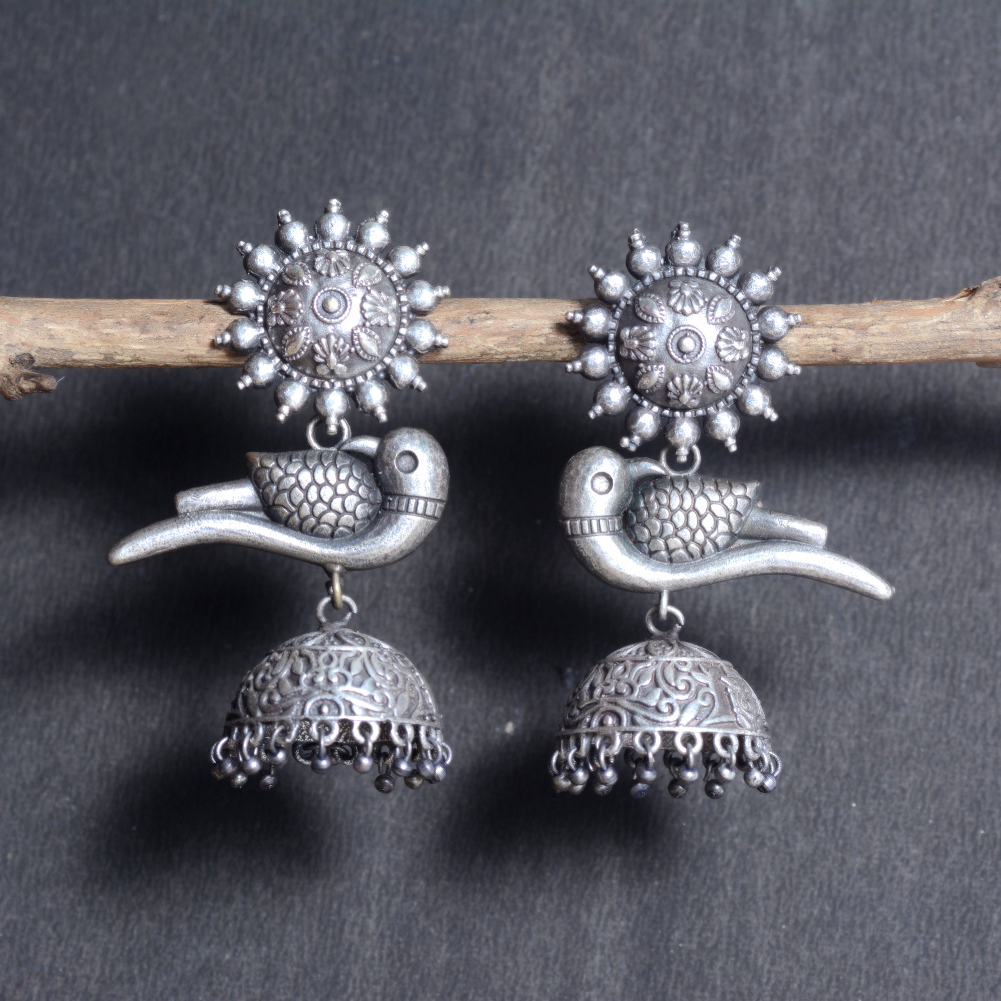 Traditional Oxidized Silver Plated Peacock Jhumka Earrings - Sarichka Fashion