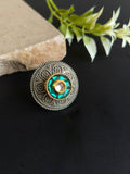 Floral Adjustable Ring with Ruby and Kundan Accents with Antique Silver-Tone