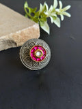 Floral Adjustable Ring with Ruby and Kundan Accents with Antique Silver-Tone