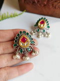 Oxidized Kundan Work Stud Earrings with Pearl Drops for Ethnic Wear | Sarichka