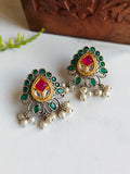 Oxidized Kundan Work Stud Earrings with Pearl Drops for Ethnic Wear | Sarichka