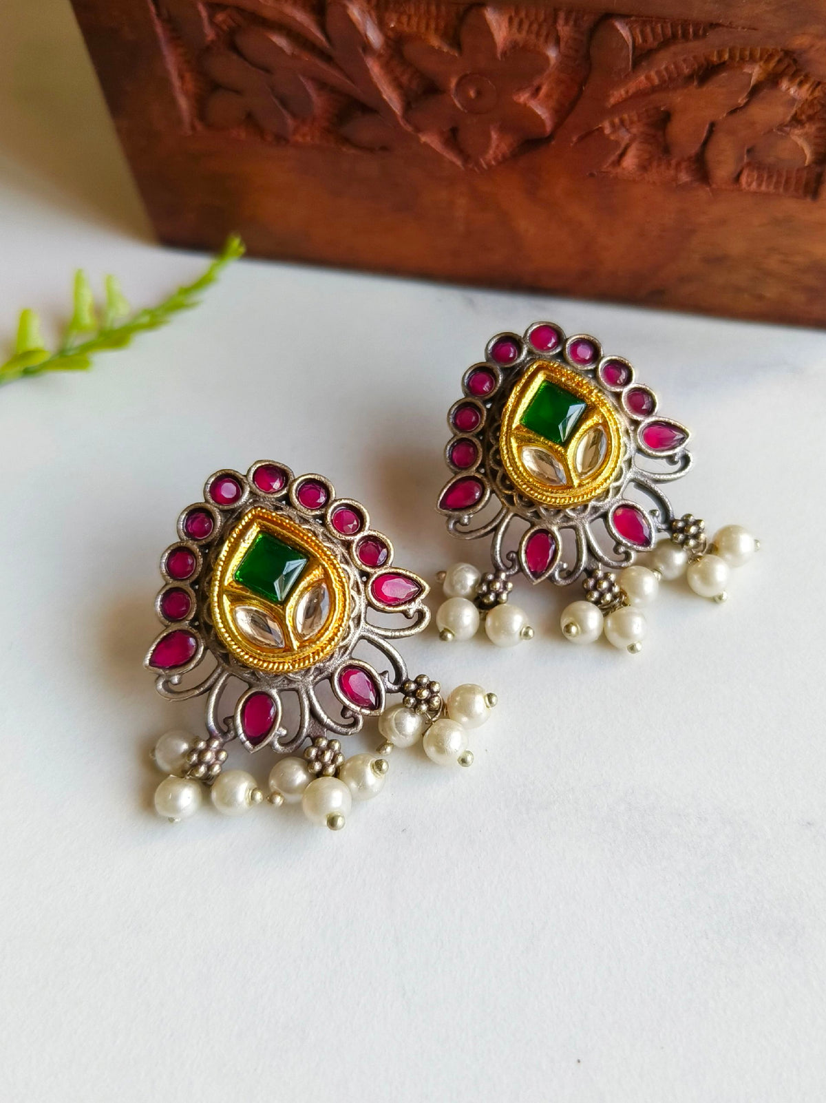 Oxidized Kundan Work Stud Earrings with Pearl Drops for Ethnic Wear | Sarichka