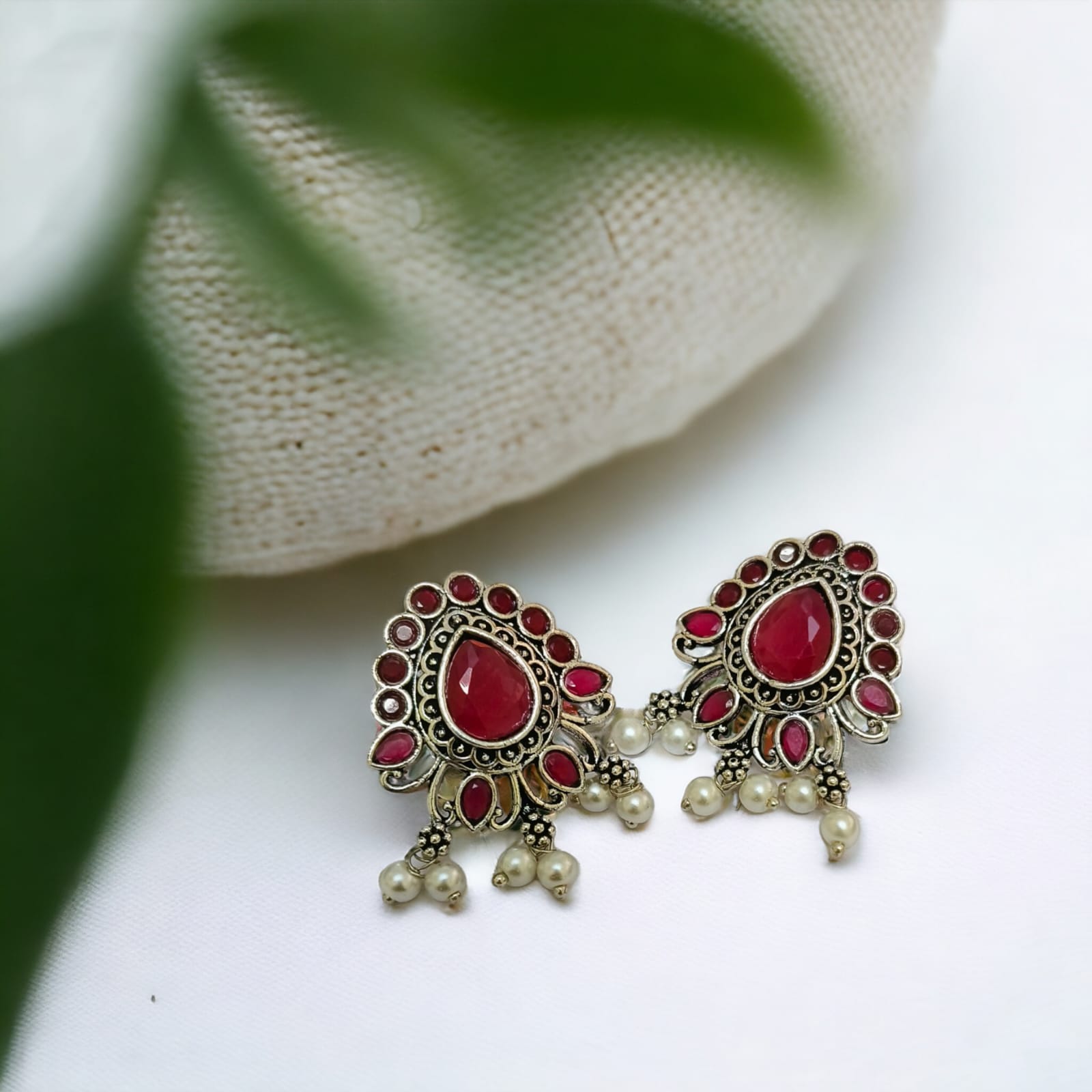 oxidised pearl and red stones earrings