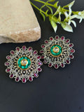 Elegant Dual Tone Floral Stud Earrings with Kundan Stones | Sarichka