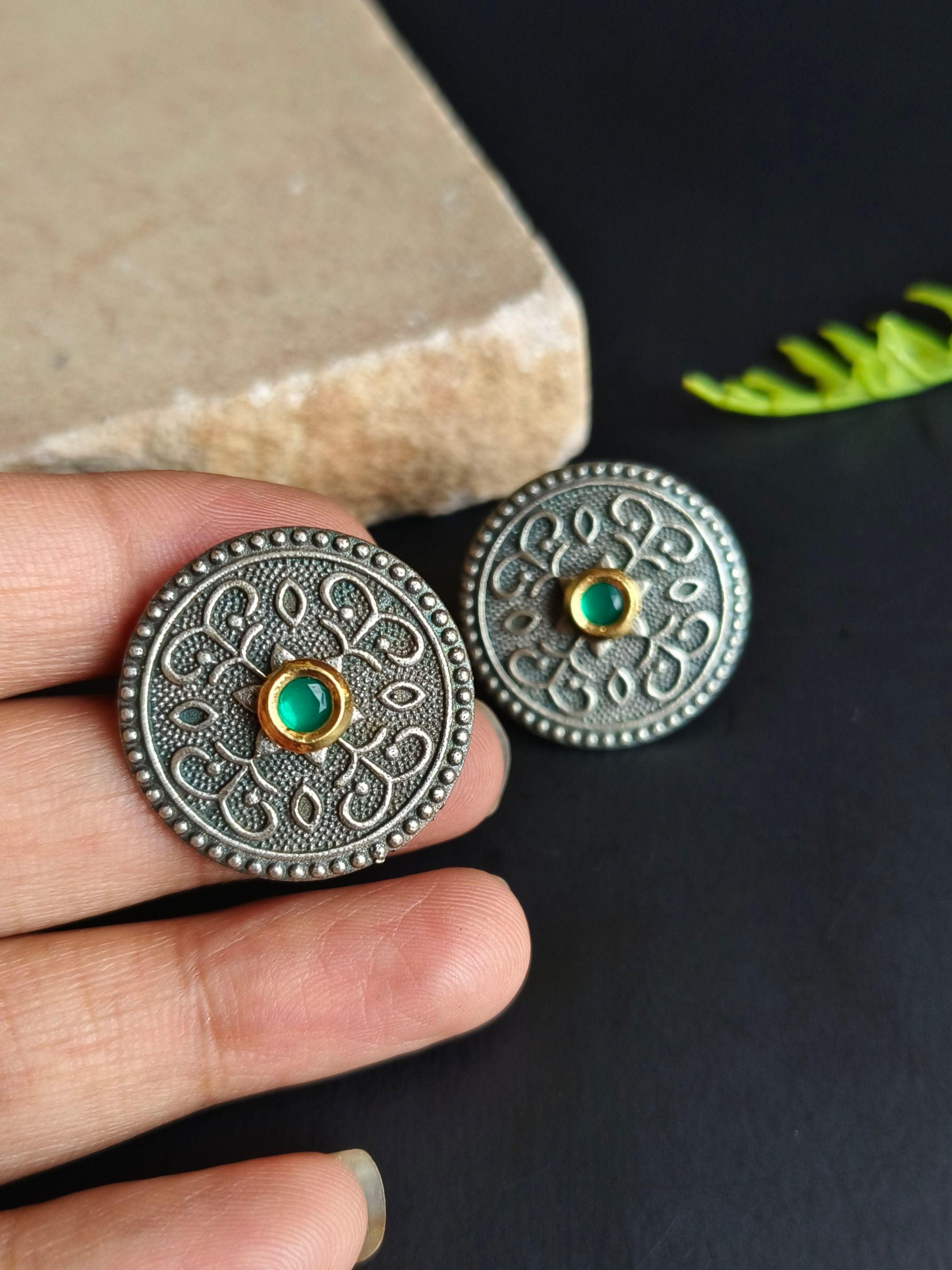 Casual Wear Oxidized Silver Replica Stud Earrings with Kundan | Sarichka