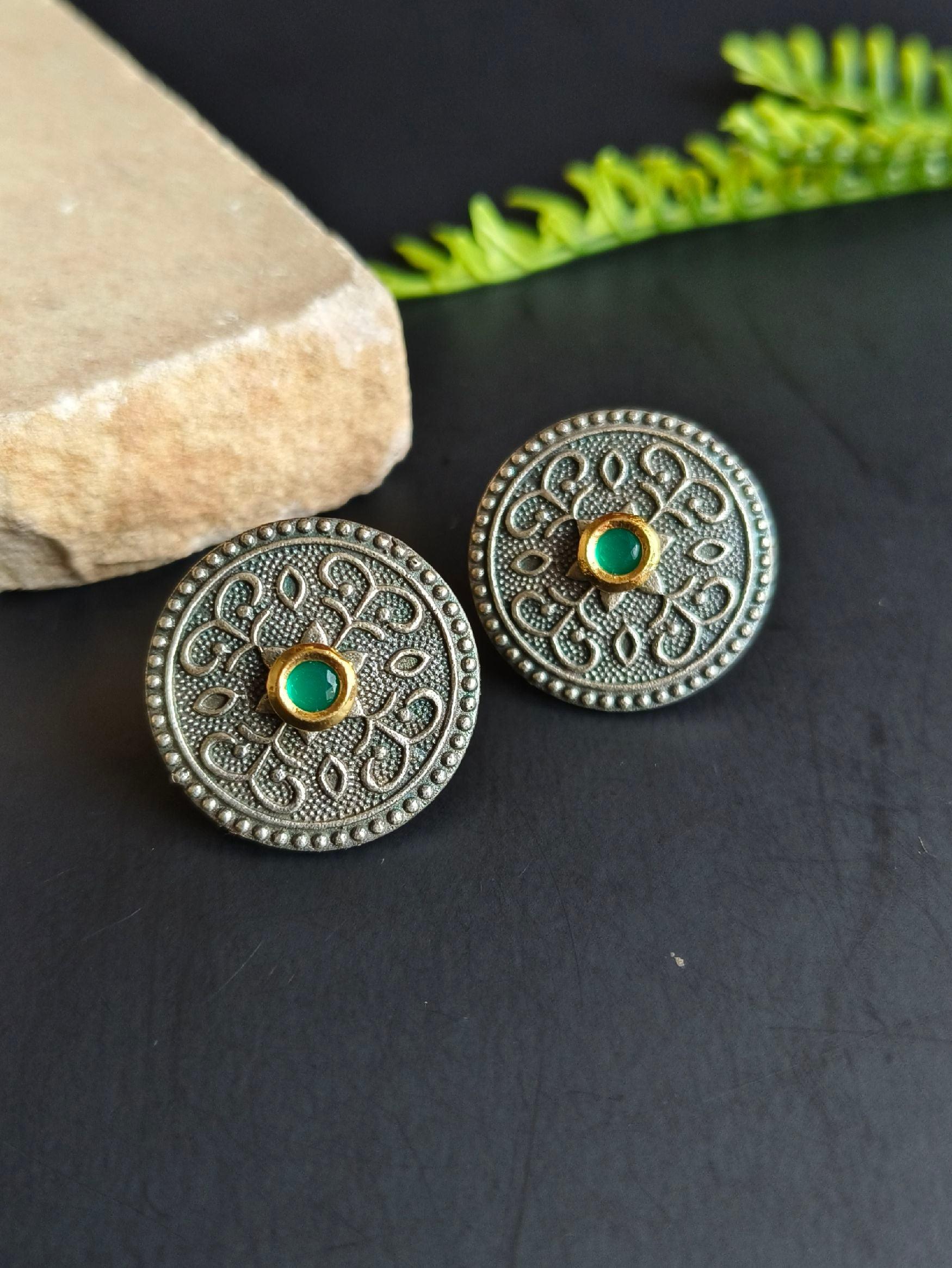 Casual Wear Oxidized Silver Replica Stud Earrings with Kundan | Sarichka