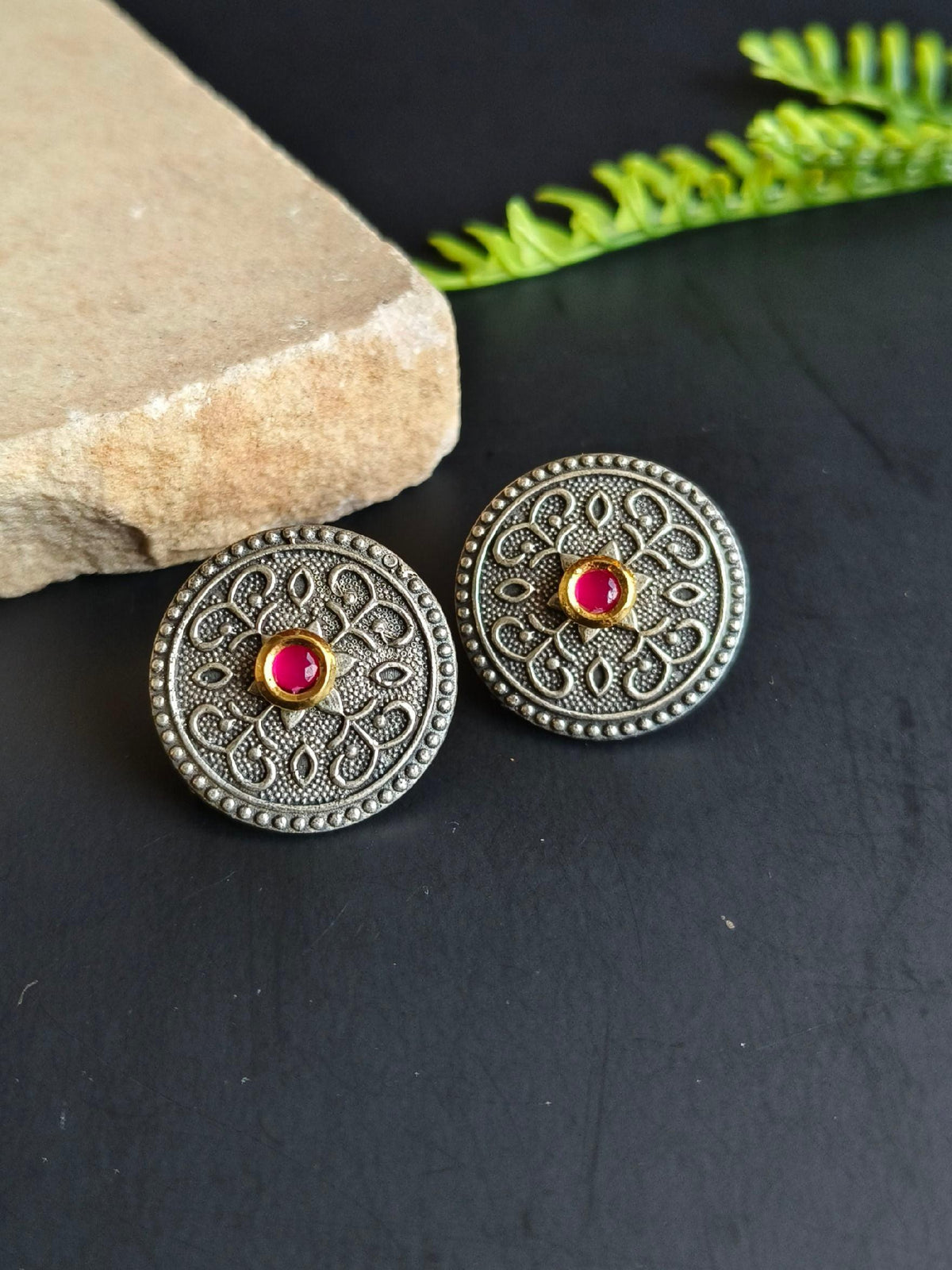 Casual Wear Oxidized Silver Replica Stud Earrings with Kundan | Sarichka