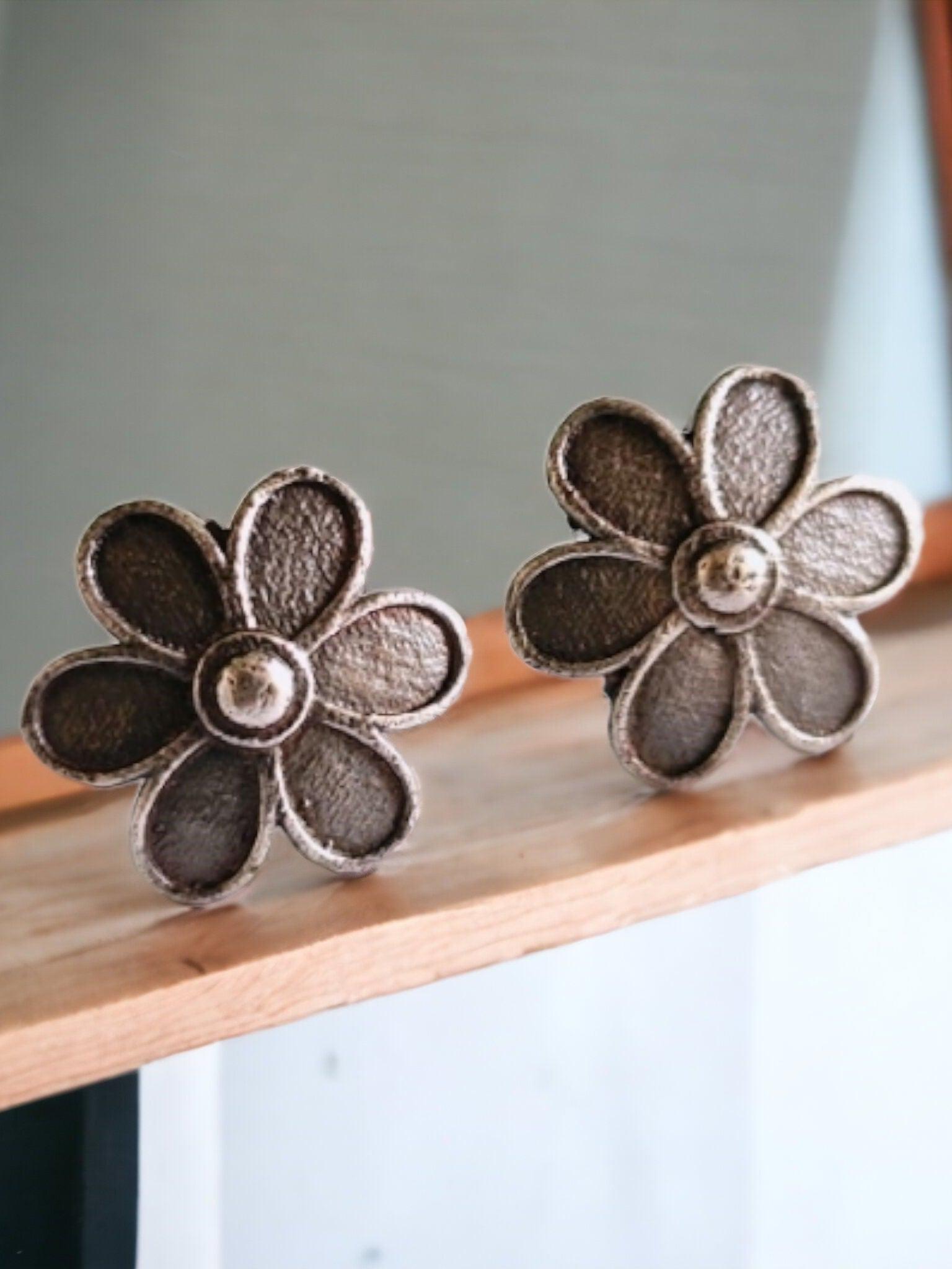 Silver Look-Alike Oxidized Floral Stud Earrings for Casual Elegance | Sarichka