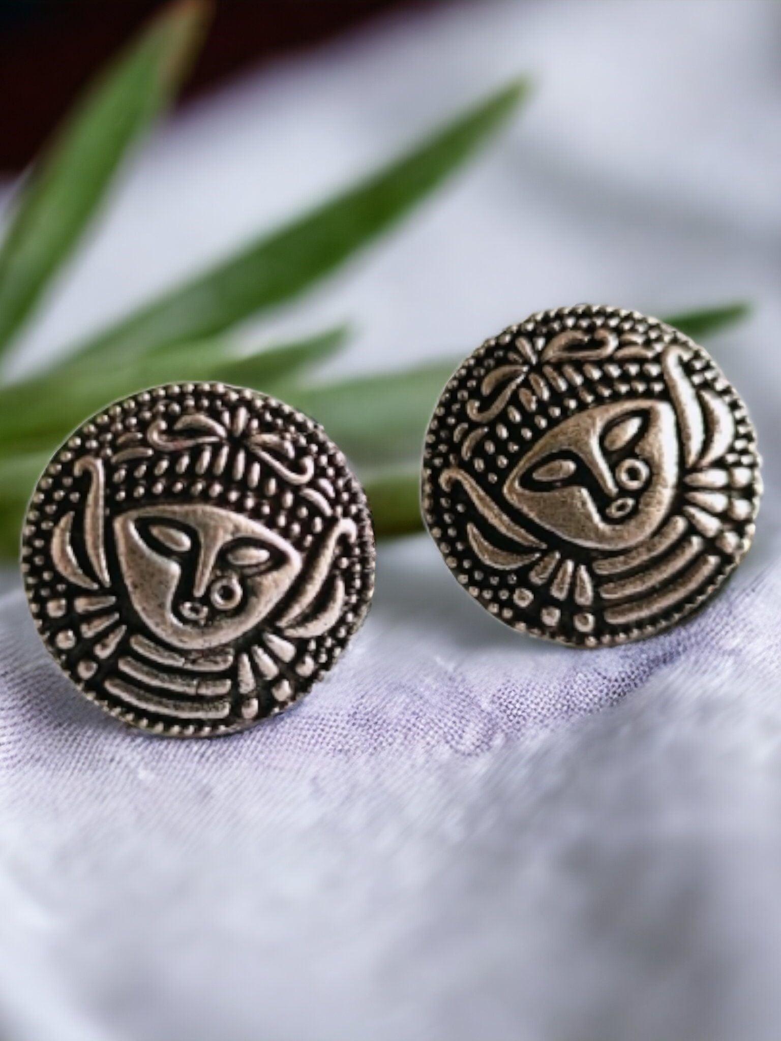 Oxidized Spiritual Mata Ji Stud Earrings - Shop Sarichka Fashion