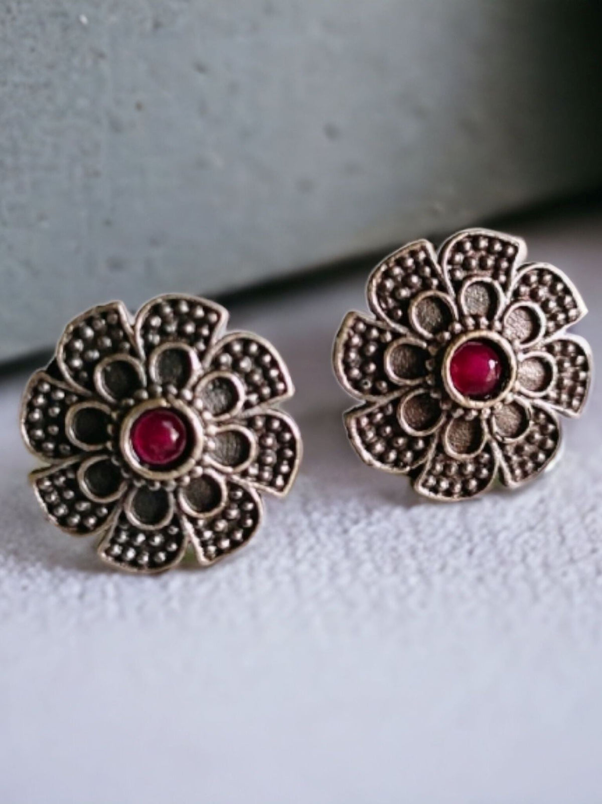 Oxidised Silver Floral Stud Earrings for Daily Wear | Sarichka