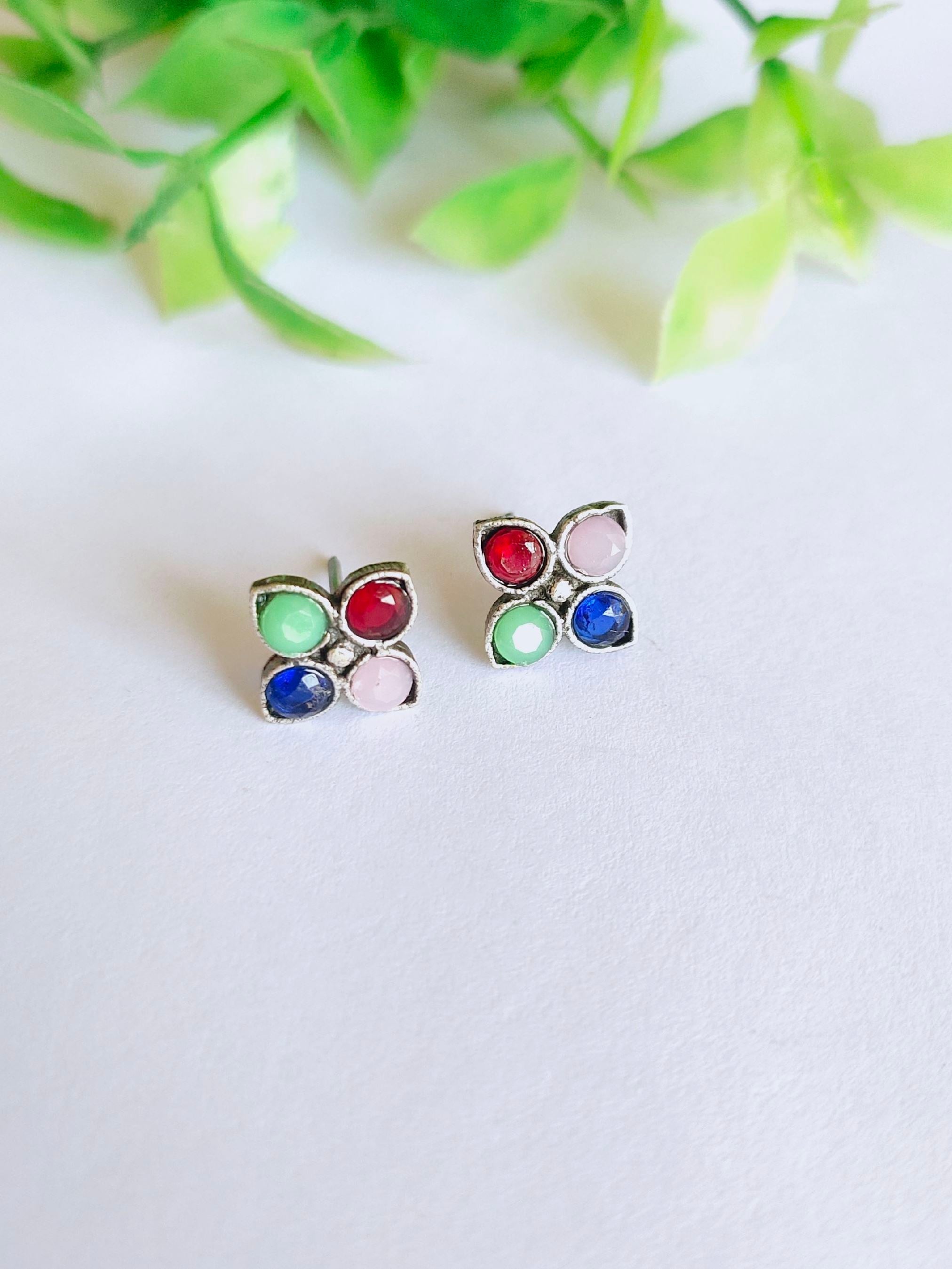 Oxidised Colorful Stone Studs for Daily & Office Wear | Sarichka